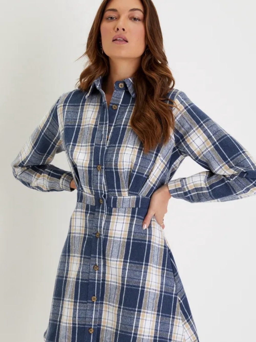 Lulu's Navy, White & Tan Plaid Long-Sleeve Shirt Dress